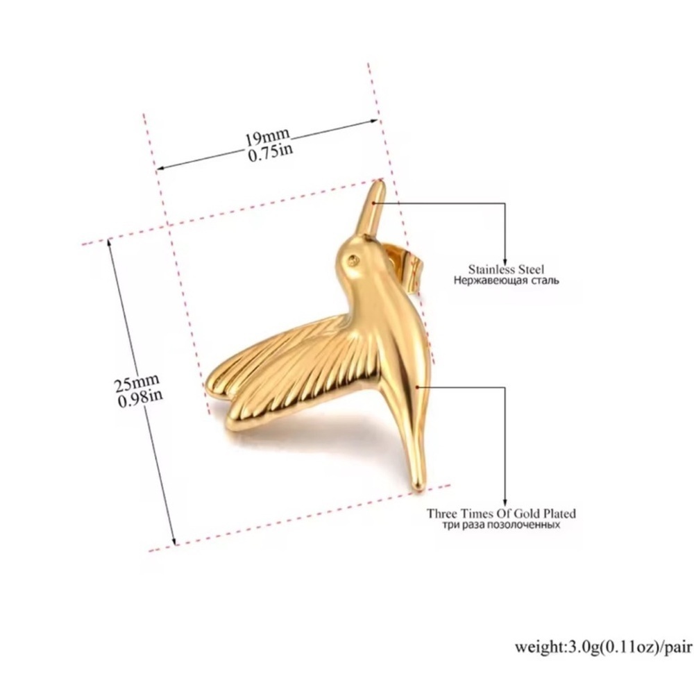 Hummingbird Gold Bird Earrings - Picture 4 of 5